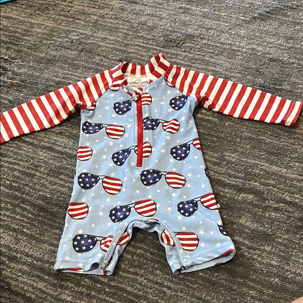 Caden lane Patriotic Baby swim Romper with Sunglasses Print